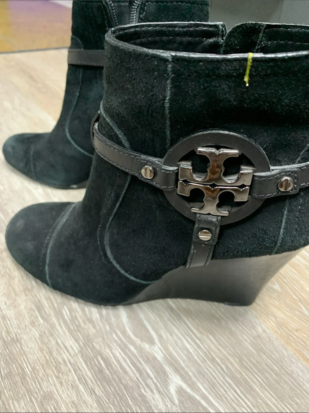 Tory Burch Black Suede Wedge Booties with Logo Harness Accent
